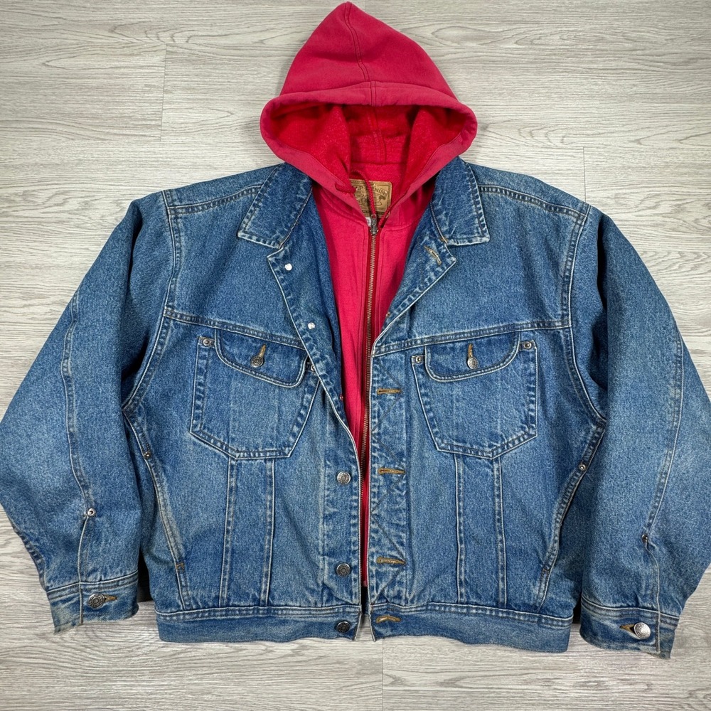 Vintage Gap Men's Jean Jacket Hooded Denim Trucker Blue Red Medium Fleece Lined